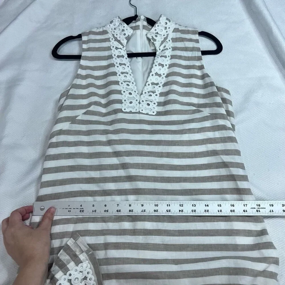 Eliza J Tan White Striped Detailed Hem Linen Cotton Blend Shift Dress Sz 6 Women - Picture 5 of 8